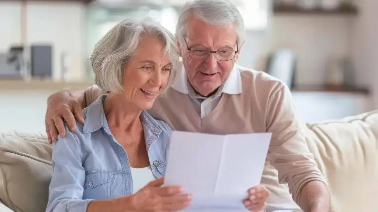 old happy couple with insurance document.